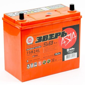 Аккумулятор 6СТ-58.0 75B24L (Зверь) Asia тонк. кл.